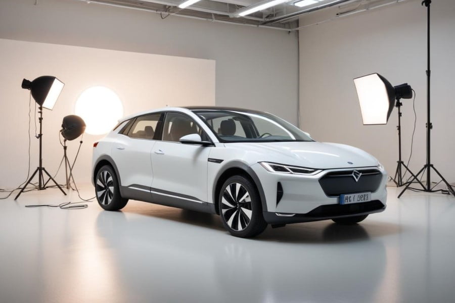 a white car in a room