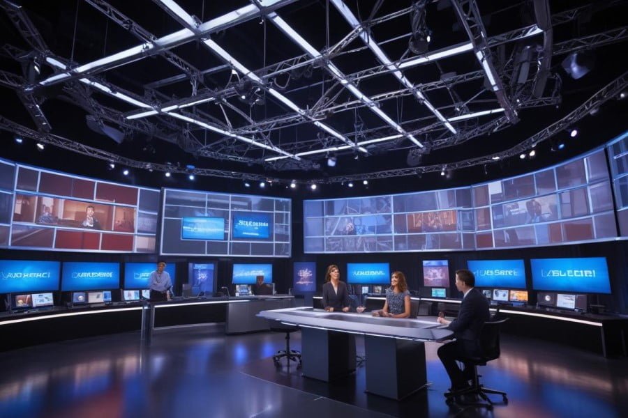 a group of people in a room with large screens