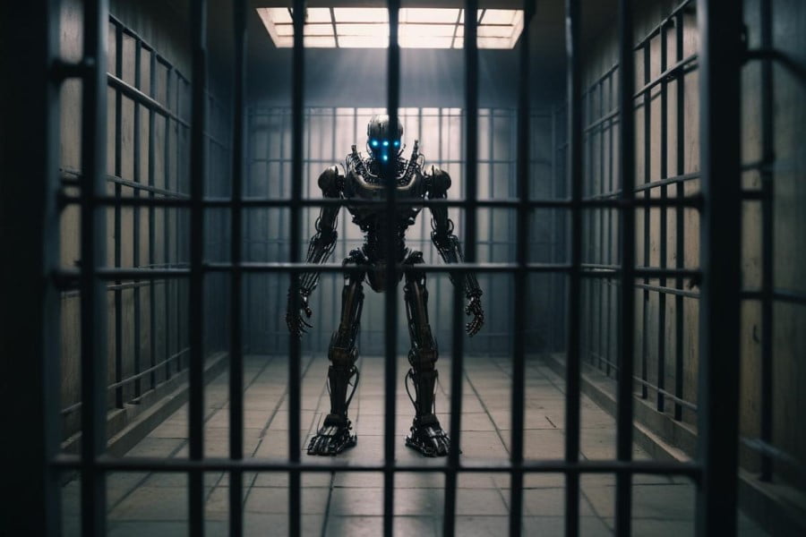 a robot in a jail cell