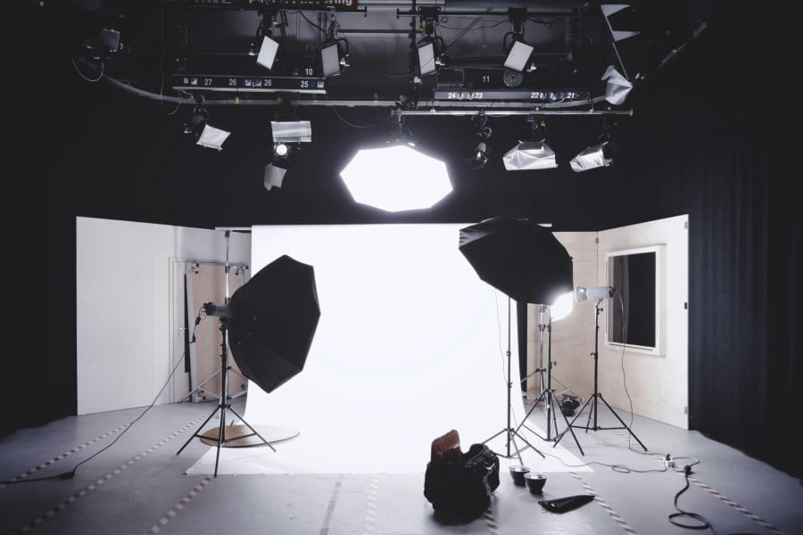 a photo studio with lighting equipment