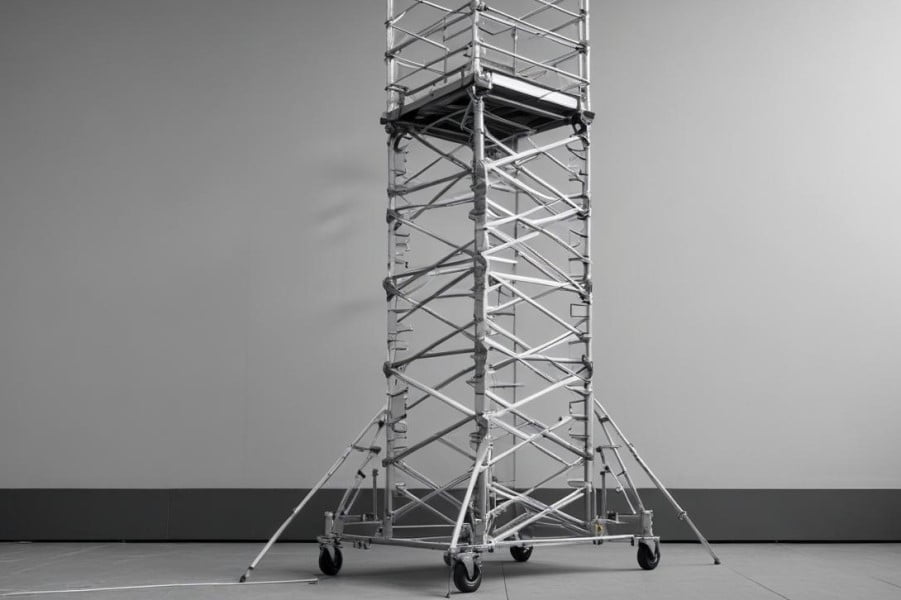 a metal tower with wheels